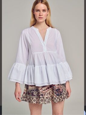 Devotion Twins Cotton Boho Blouse | Cream Tiered Ruffle Top | Small